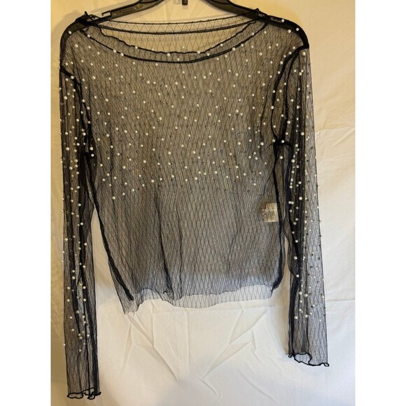 Black Sheer/Mesh Stretch Blouse Embellished W/White Pearls Double Sided Sz M - Picture 2 of 9